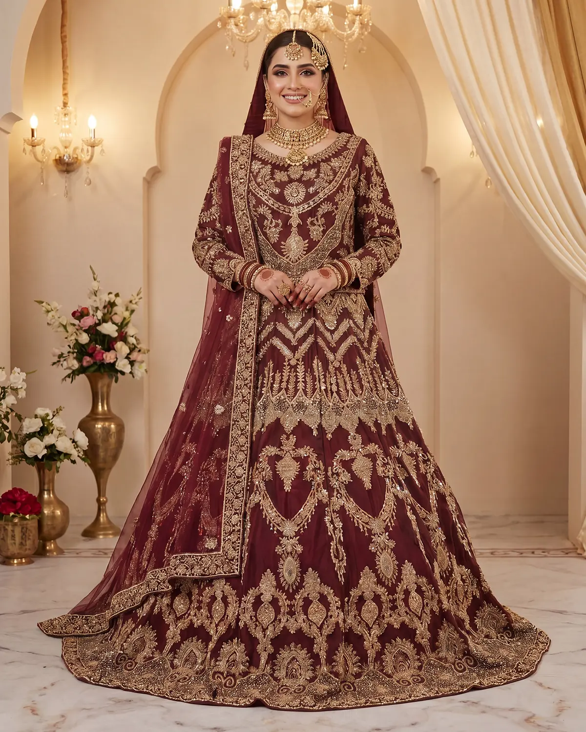 Maroon Embellished Bridal Lehenga - Image 2