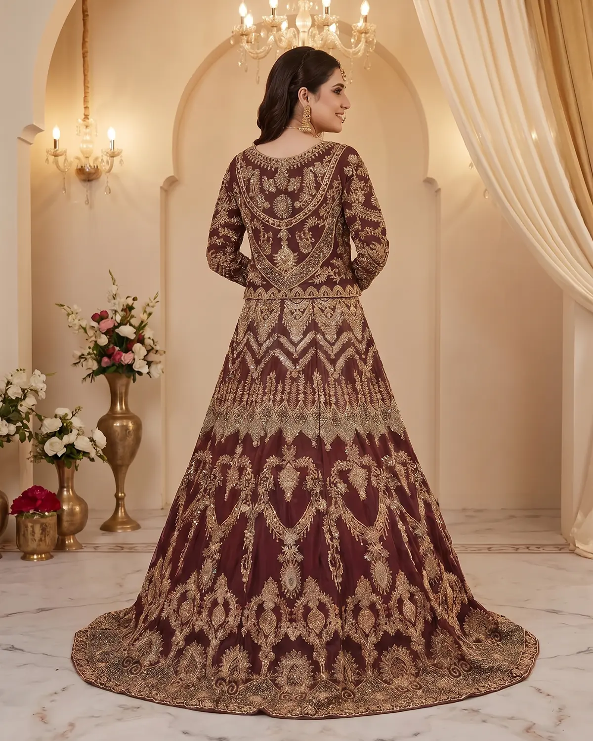 Maroon Embellished Bridal Lehenga - Image 3