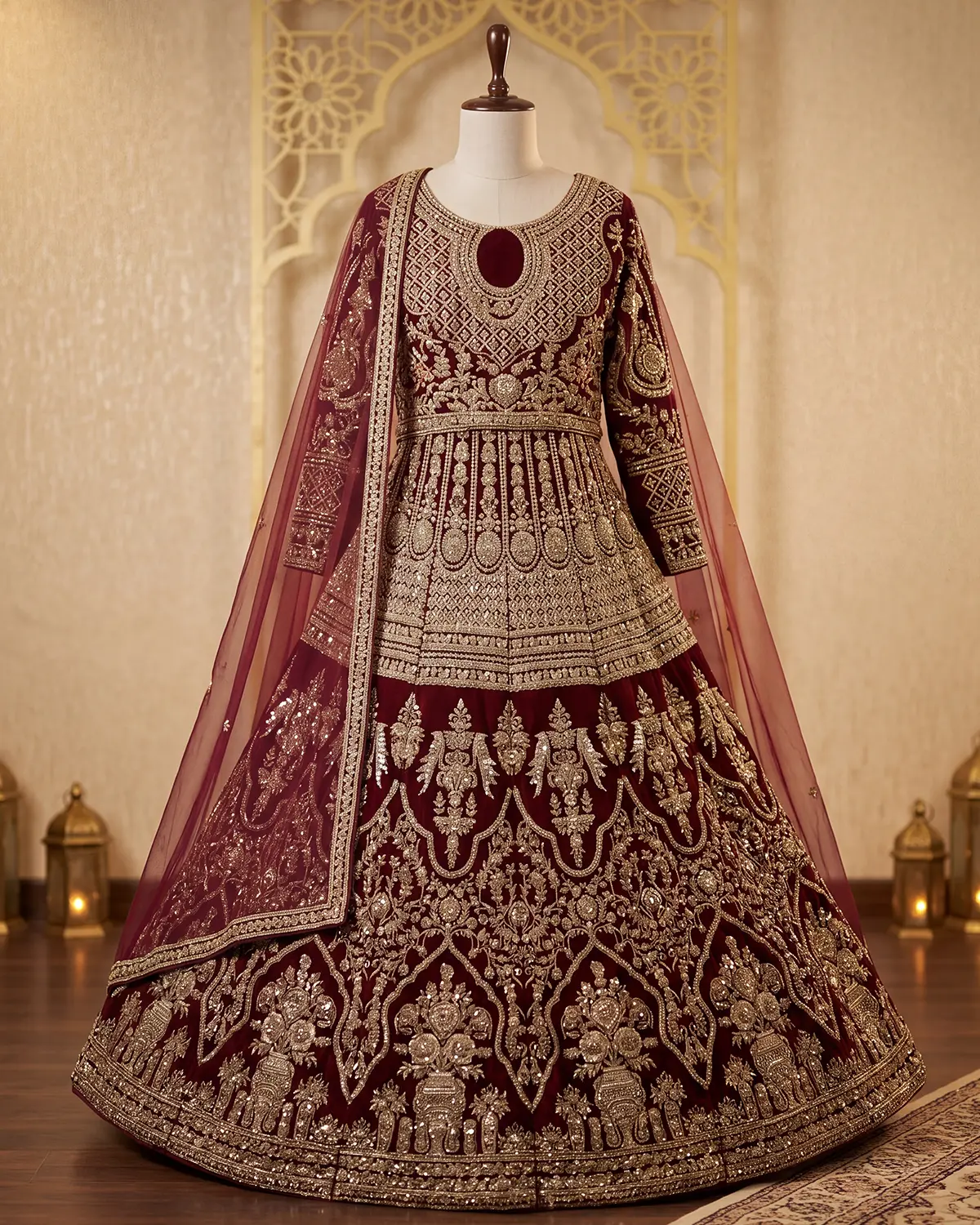 Royal Maroon Elegant Mughal Zardozi Bridal Lehenga