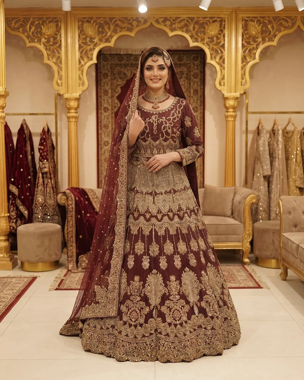 Royal Maroon Gold Abeer Zari Work Bridal Lehenga - Image 2