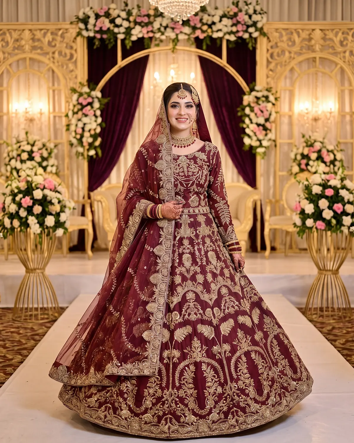 Rust Maroon Abeer Zari Work Bridal Lehenga - Image 2