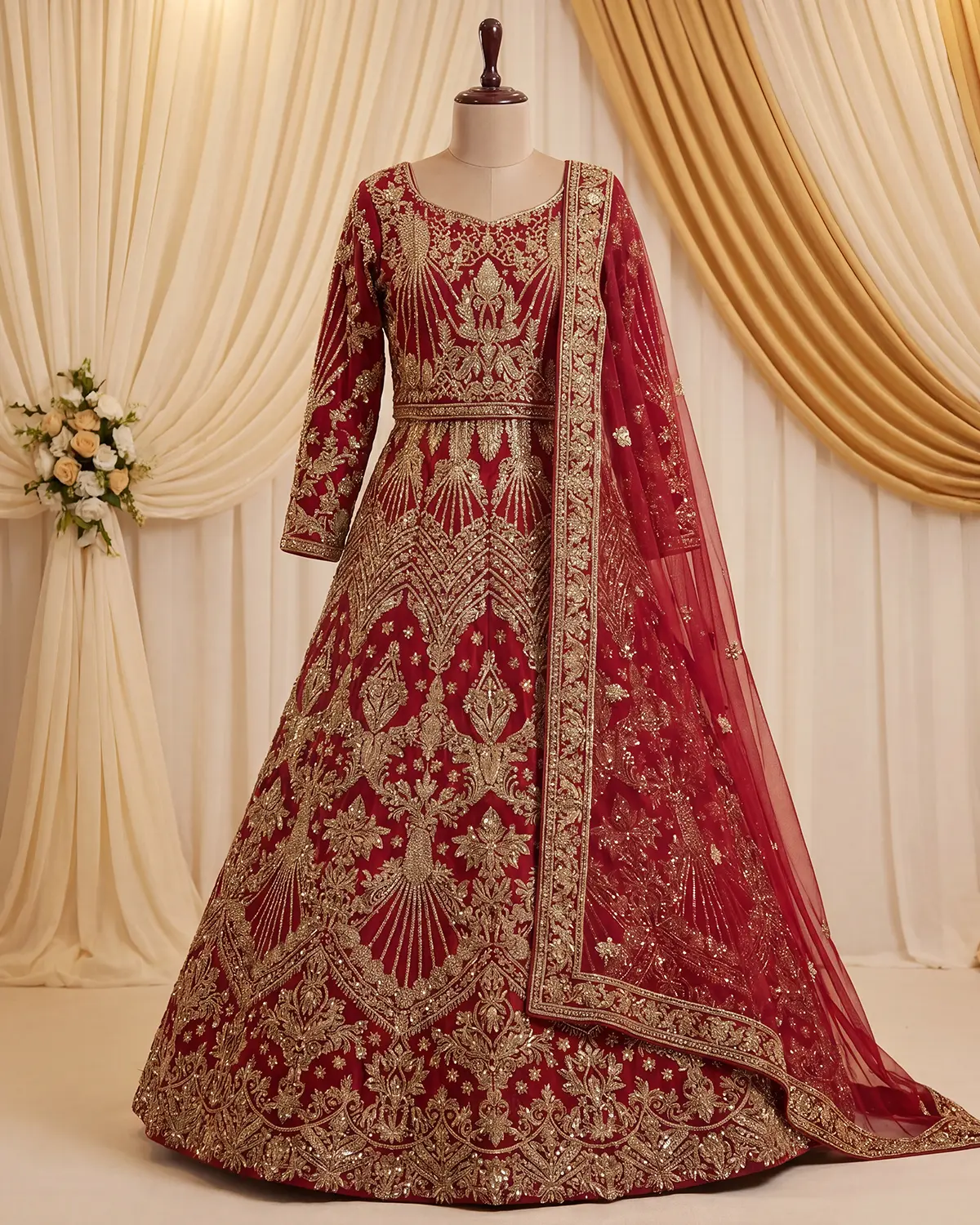 Crimson Flare Gold Embroidered Bridal Lehenga