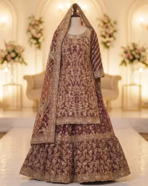 Luxurious Tux Gold Heavy Zari Embodied Farsi Bridal Lehenga