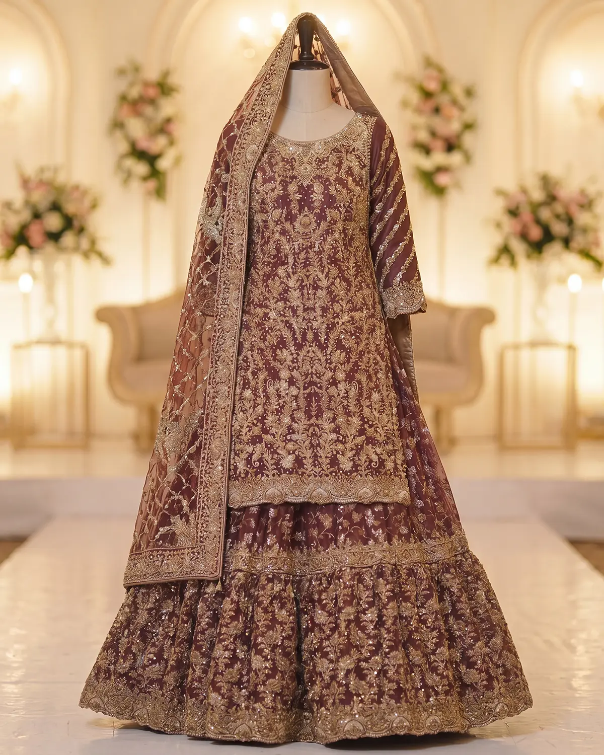 Luxurious Tux Gold Heavy Zari Embodied Farsi Bridal Lehenga
