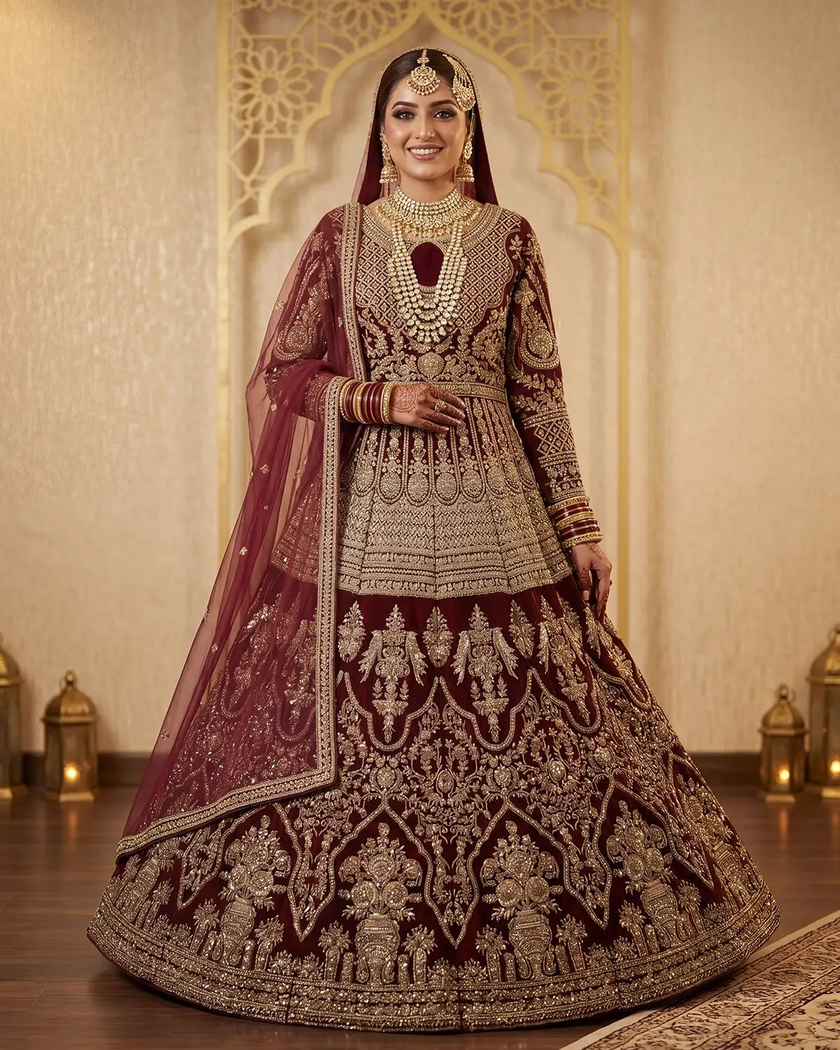 Royal Maroon Elegant Mughal Zardozi Bridal Lehenga - Image 2