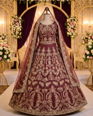 Rust Maroon Abeer Zari Work Bridal Lehenga