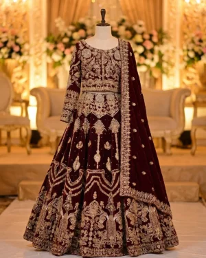 Deep Maroon Velvet Flare Golden Bridal Lehenga