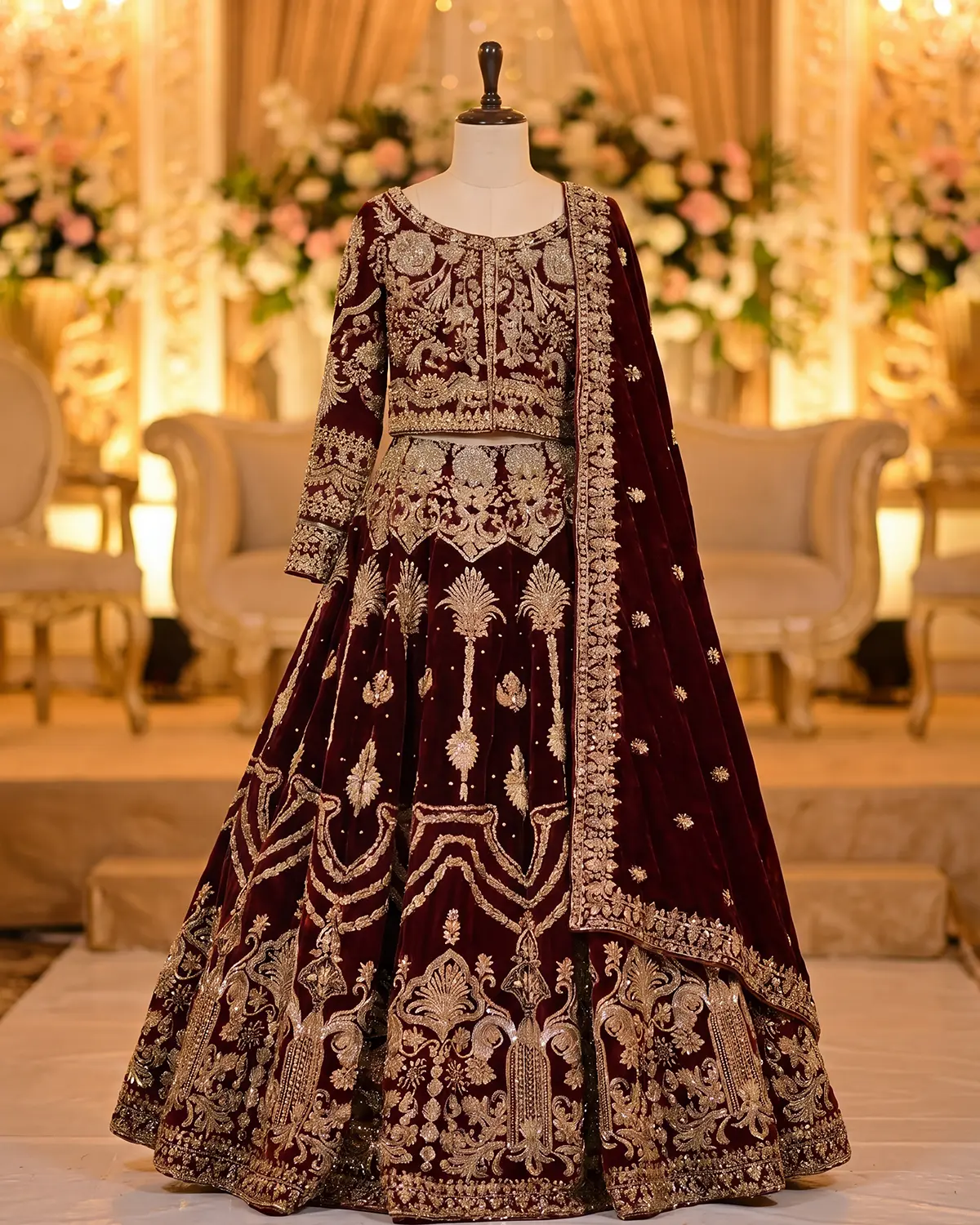 Deep Maroon Velvet Flare Golden Bridal Lehenga