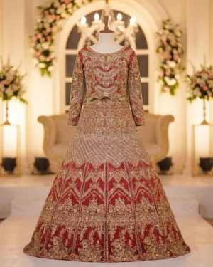 Premium Crimson Gold Pearl Tux Bridal Lehenga