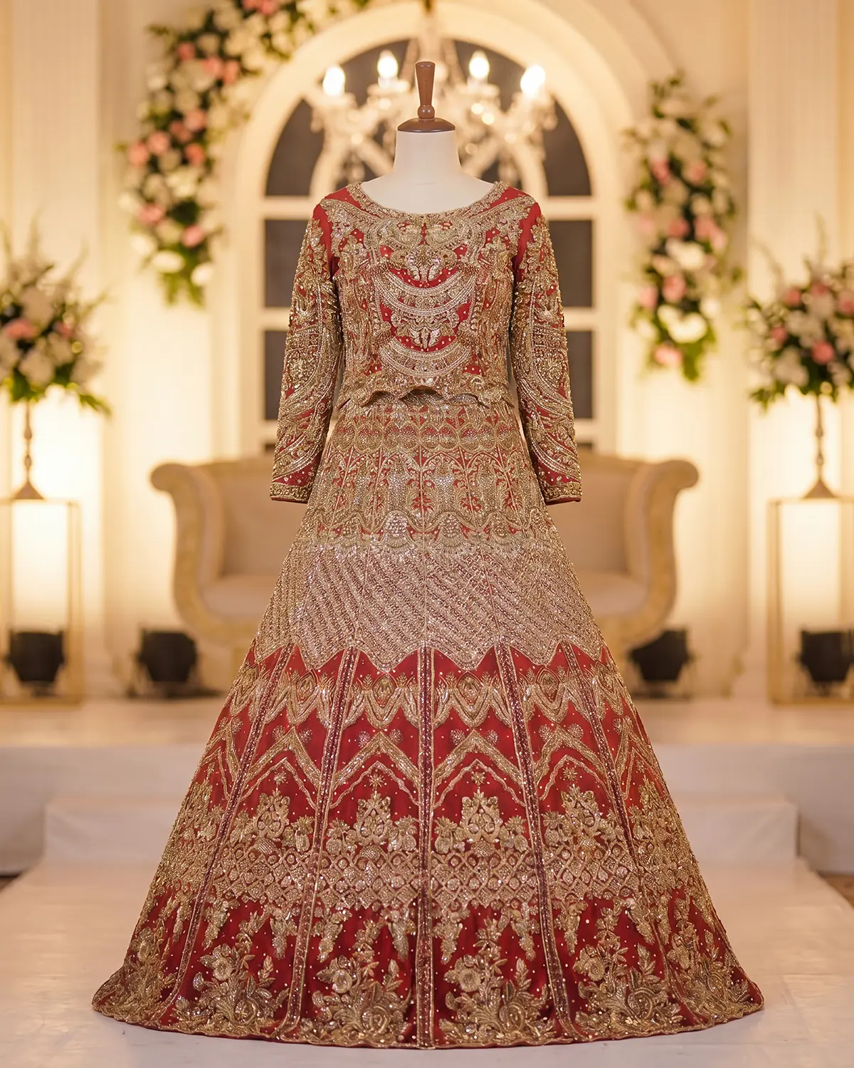 Premium Crimson Gold Pearl Tux Bridal Lehenga