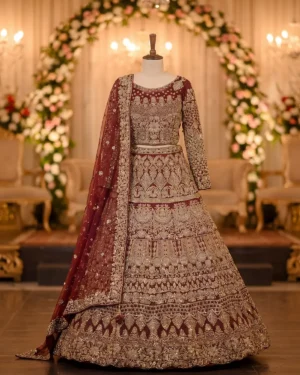 Royal Maroon Rust gold Embroidered Bridal lehenga