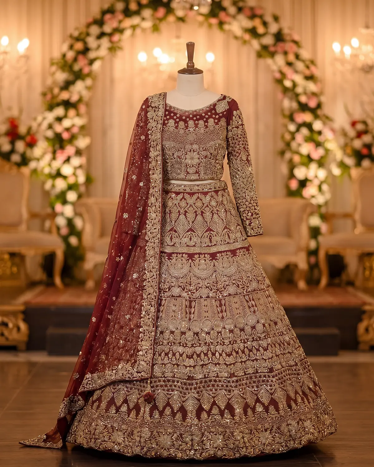 Royal Maroon Rust gold Embroidered Bridal lehenga
