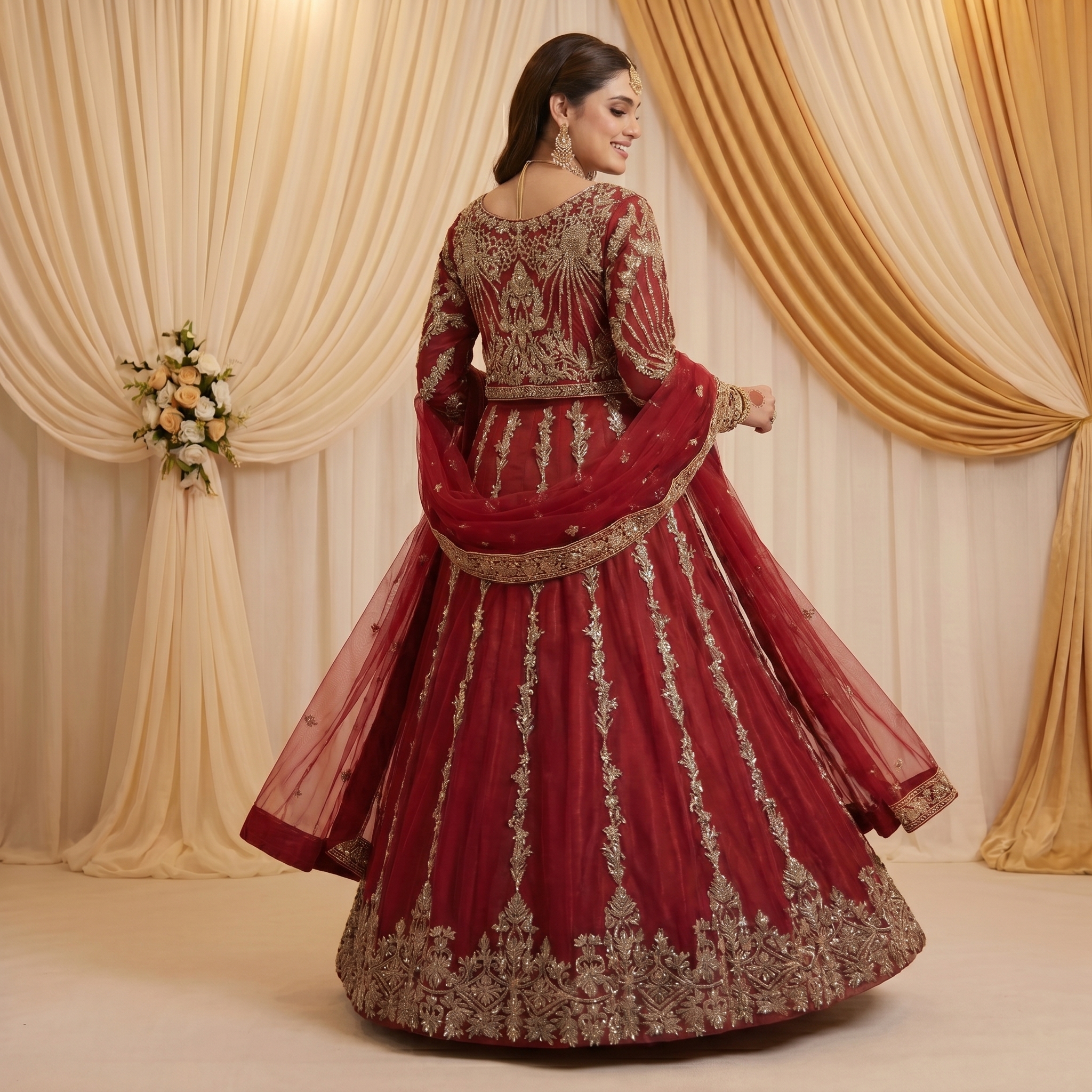 Crimson Flare Gold Embroidered Bridal Lehenga - Image 3