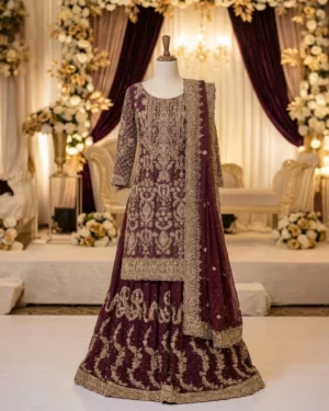 Maroon Golden Embroidery Bridal Farshi lehenga