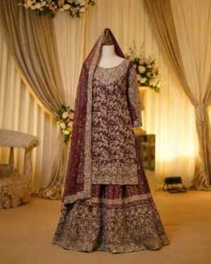 Golden Premium Embroidery Farshi Bridal lehenga