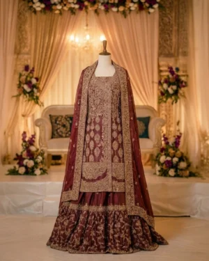 Premium Maroon Sufficient Gold Embodied Farshi Bridal Lehenga