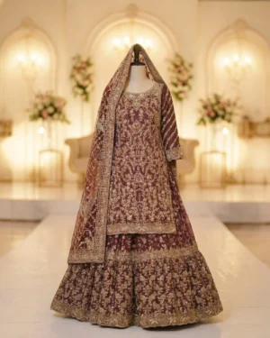 Luxurious Tux Gold Heavy Zari Embodied Farsi Bridal Lehenga
