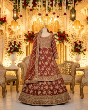 Rust Gold Noor Zari Work Bridal Farshi Lehenga Shirt