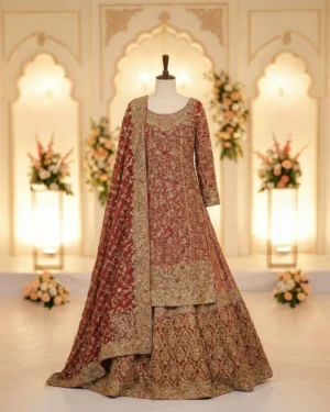 Rust Maroon Gold Heavy Embroidered Farshi Lehenga Long Shirt Bridal Lehenga