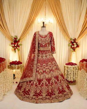 Red Golden Luxe Zari Work Bridal Lehenga