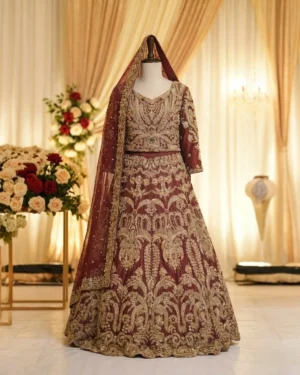 Royal Maroon Golden Mughal Heavy Embroidery Bridal Lehenga