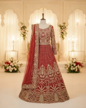 Crimson Red Zari Work Bridal Lehegna