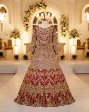 Premium Crimson Gold Pearl Tux Bridal Lehenga