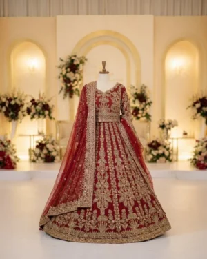 Red Crimson Meher Copper Embroidered Bridal Lehenga