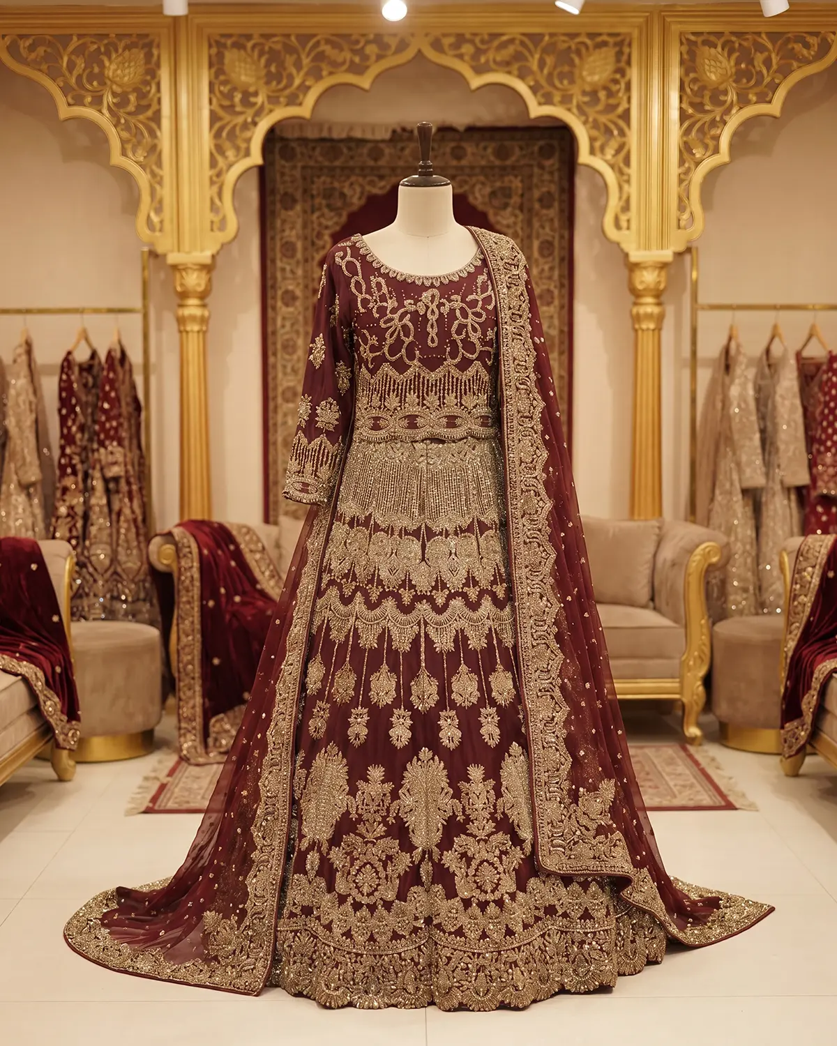 Royal Maroon Gold Abeer Zari Work Bridal Lehenga