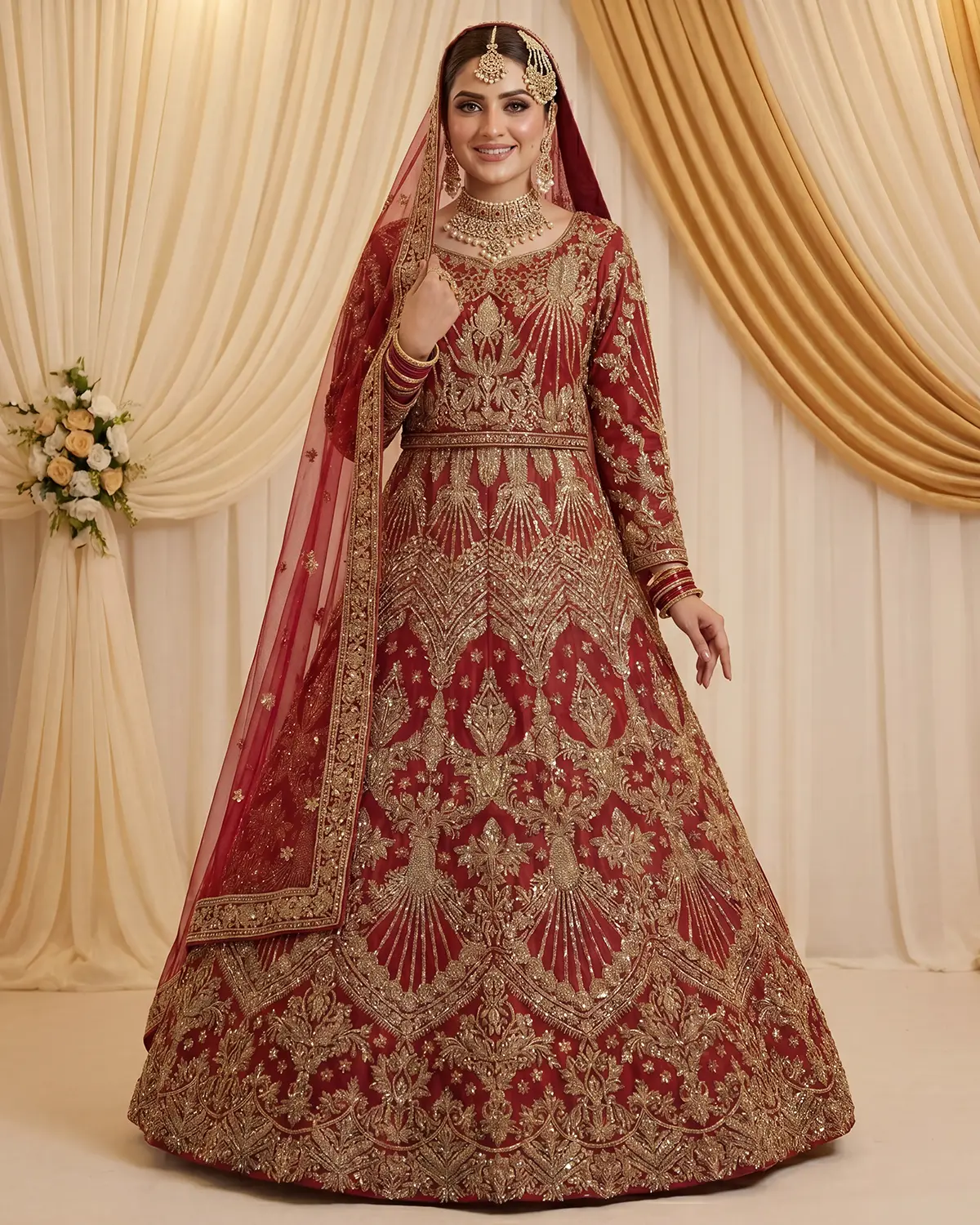 Crimson Flare Gold Embroidered Bridal Lehenga - Image 2