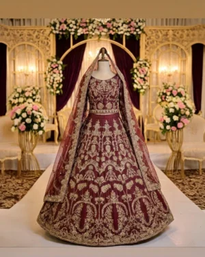Rust Maroon Abeer Zari Work Bridal Lehenga