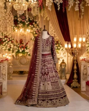 Royal Maroon Rust Zardozi Embroidery Bridal Lehenga