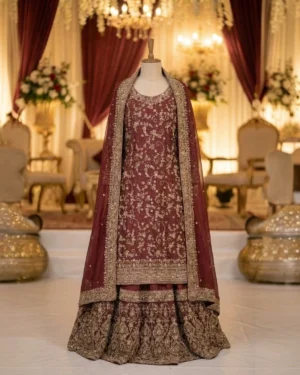 Royal Maroon Embroidery Farshi Bridal Lehenga