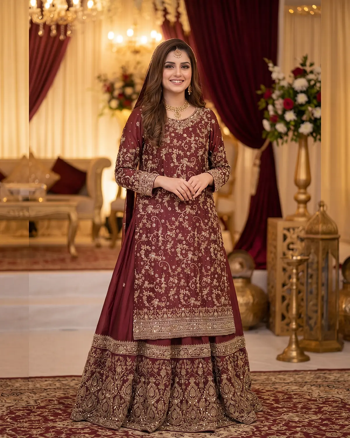 Royal Maroon Embroidery Farshi Bridal Lehenga - Image 3