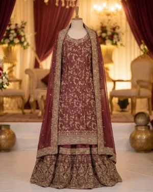 Royal Maroon Embroidery Farshi Bridal Lehenga