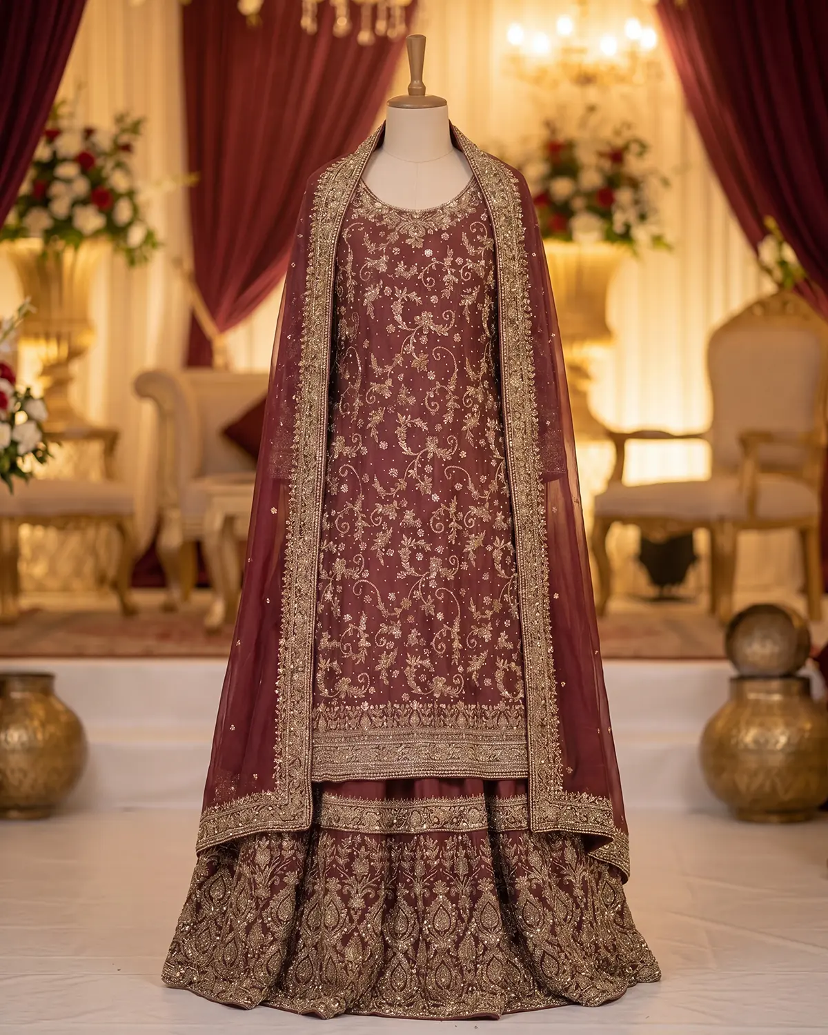Royal Maroon Embroidery Farshi Bridal Lehenga