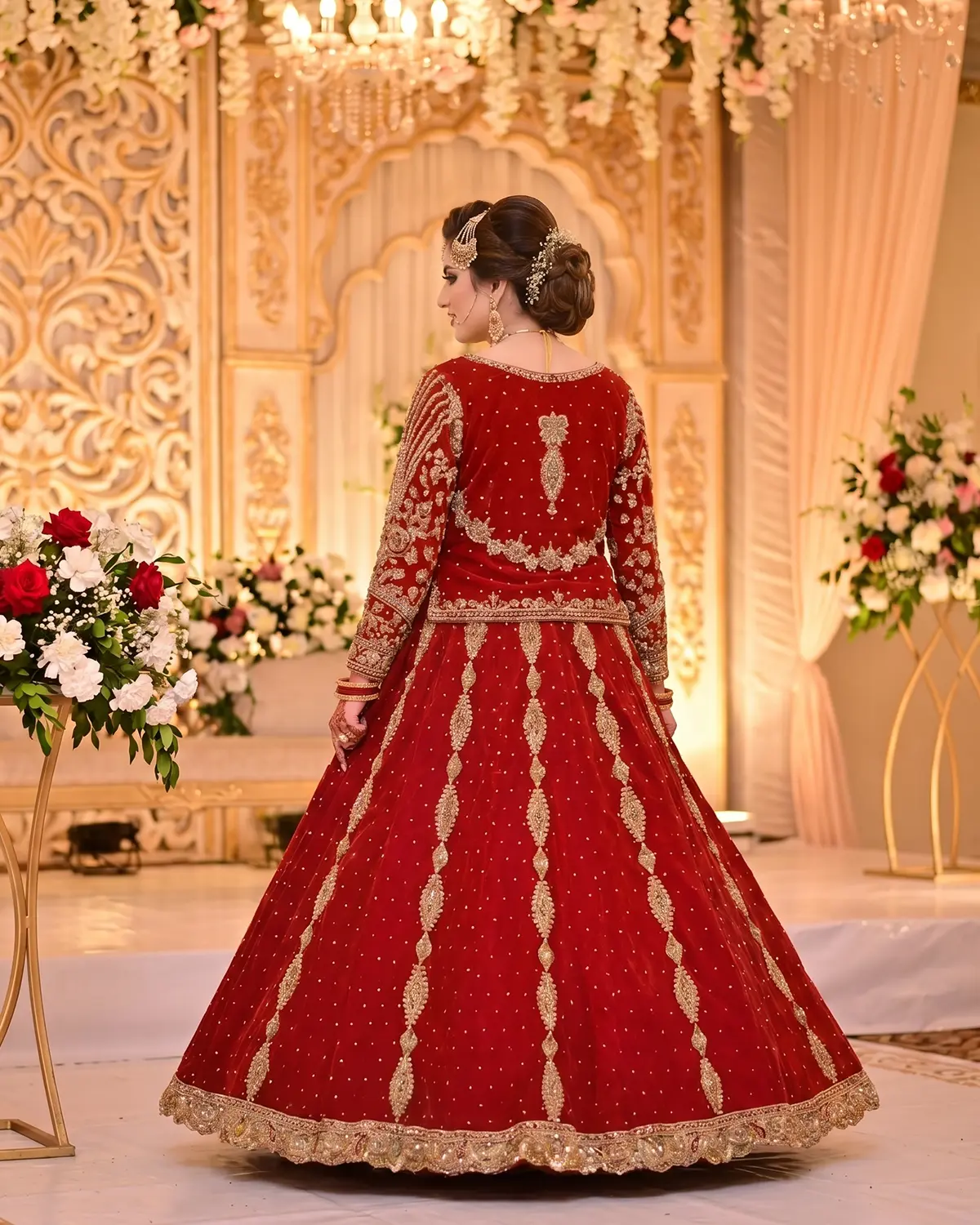 Crimson Gold Heavy Embroidered Royal Bridal Lehenga - Image 3