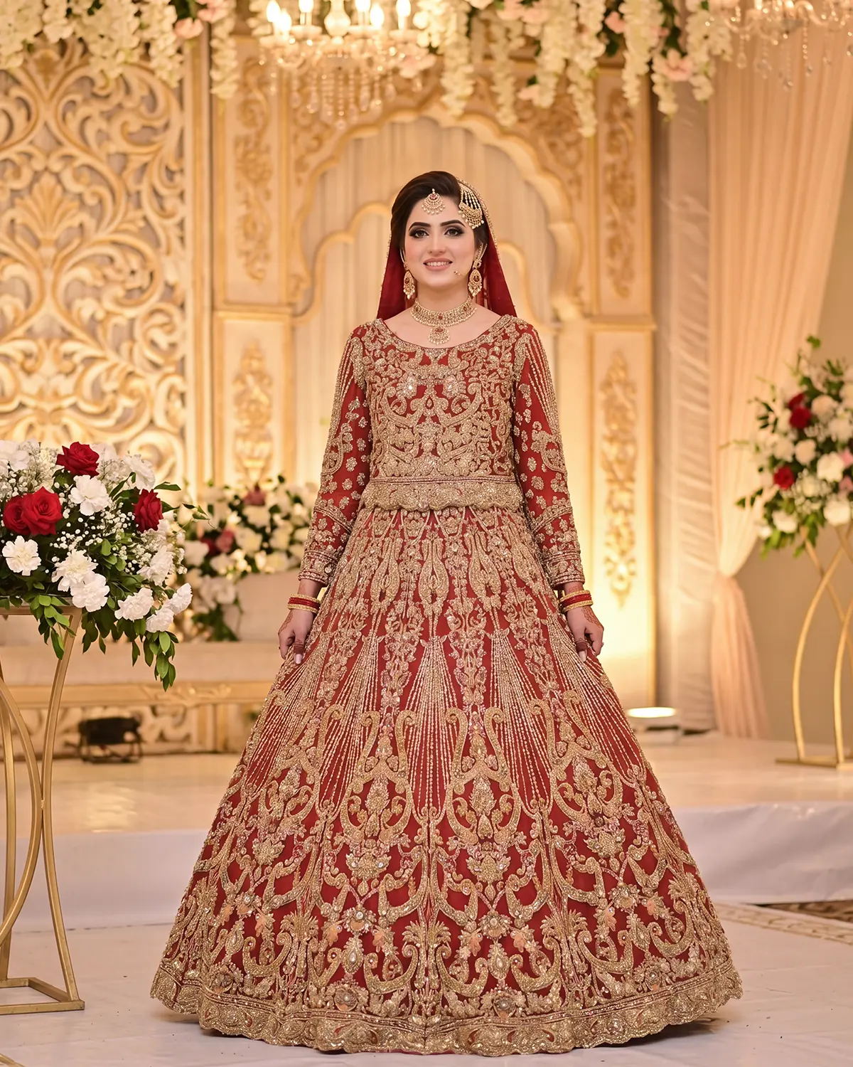 Crimson Gold Heavy Embroidered Royal Bridal Lehenga - Image 2
