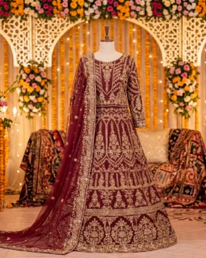 Rust Maroon Golden Premium Bridal Lehenga