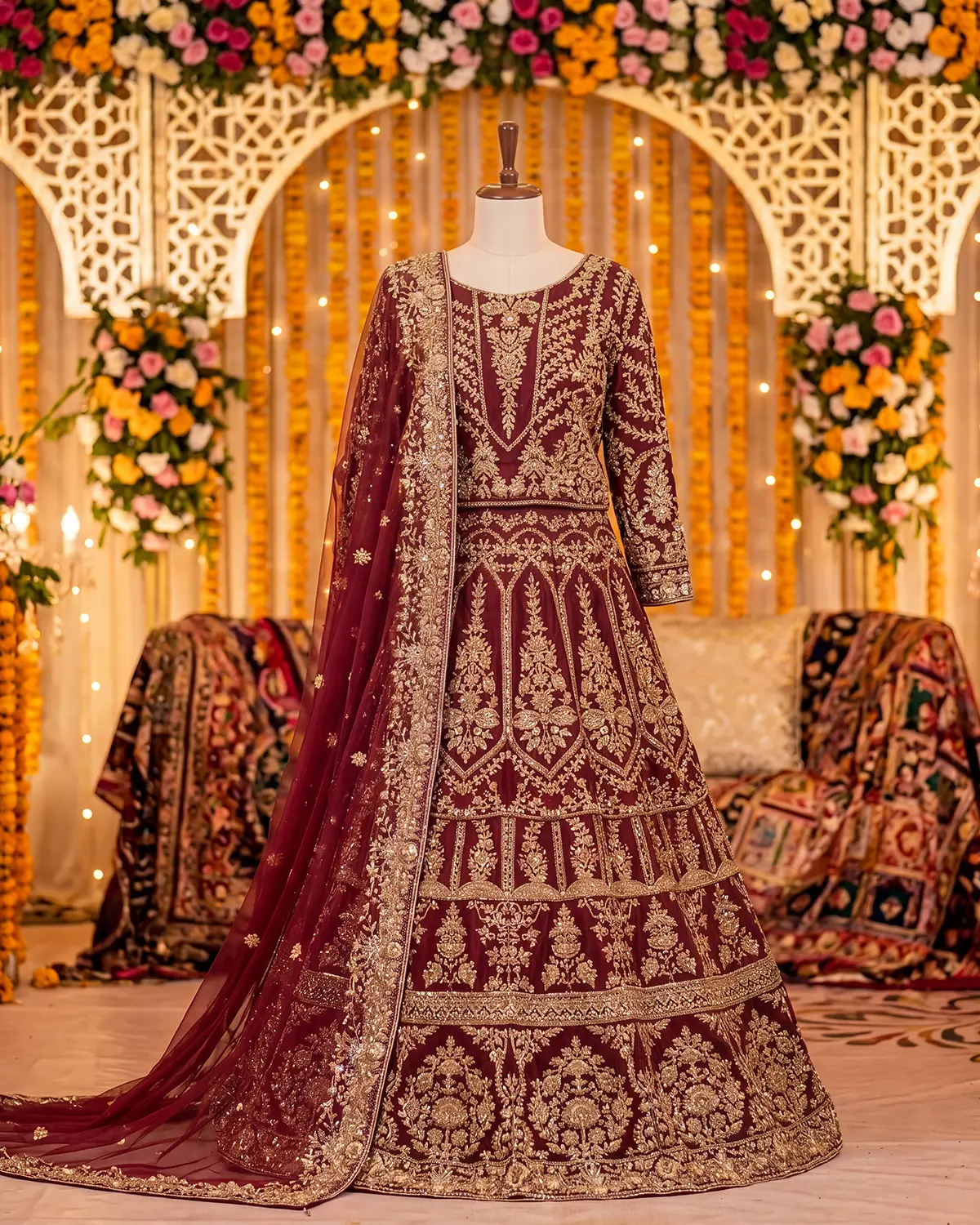 Rust Maroon Golden Premium Bridal Lehenga