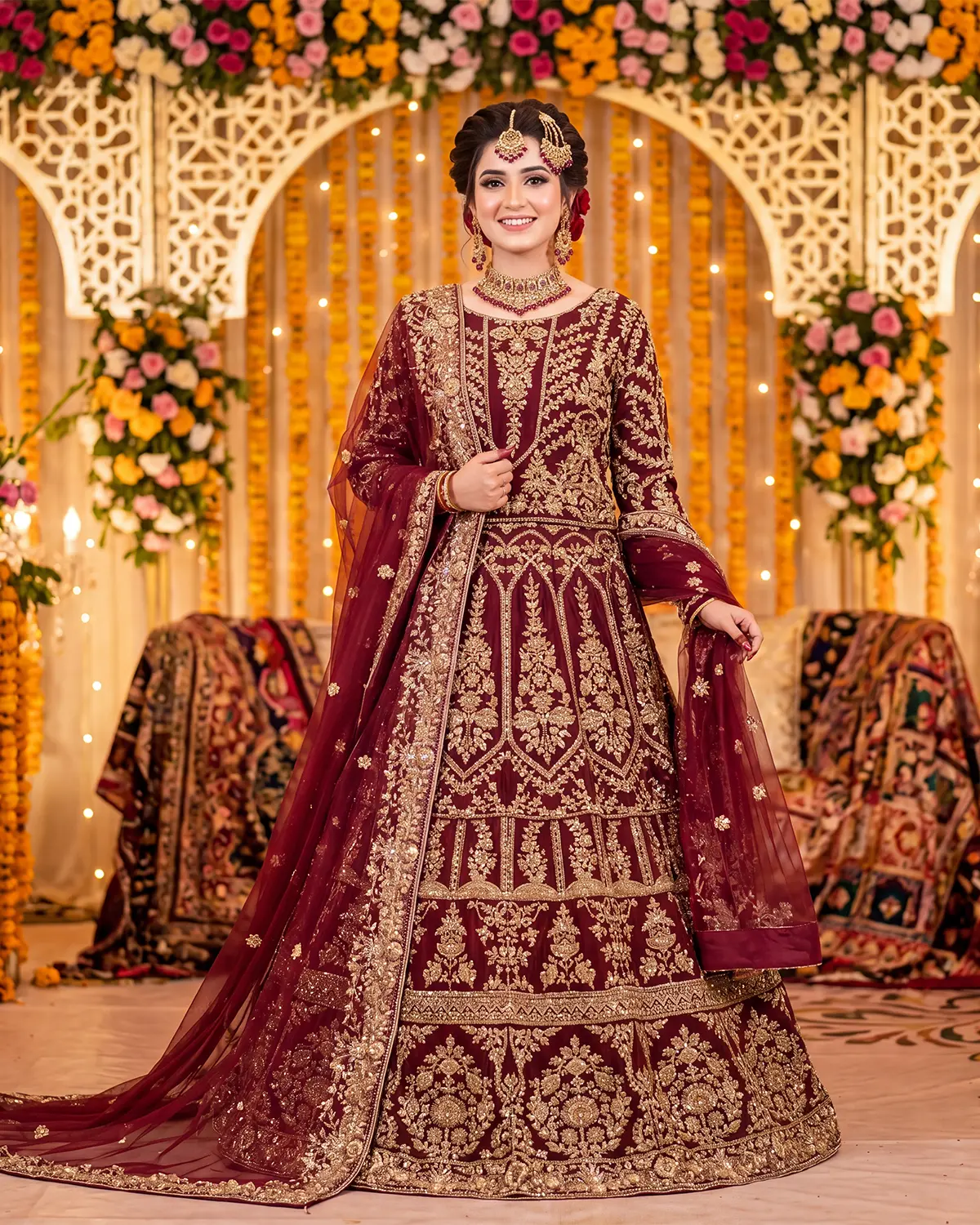 Rust Maroon Golden Premium Bridal Lehenga - Image 2