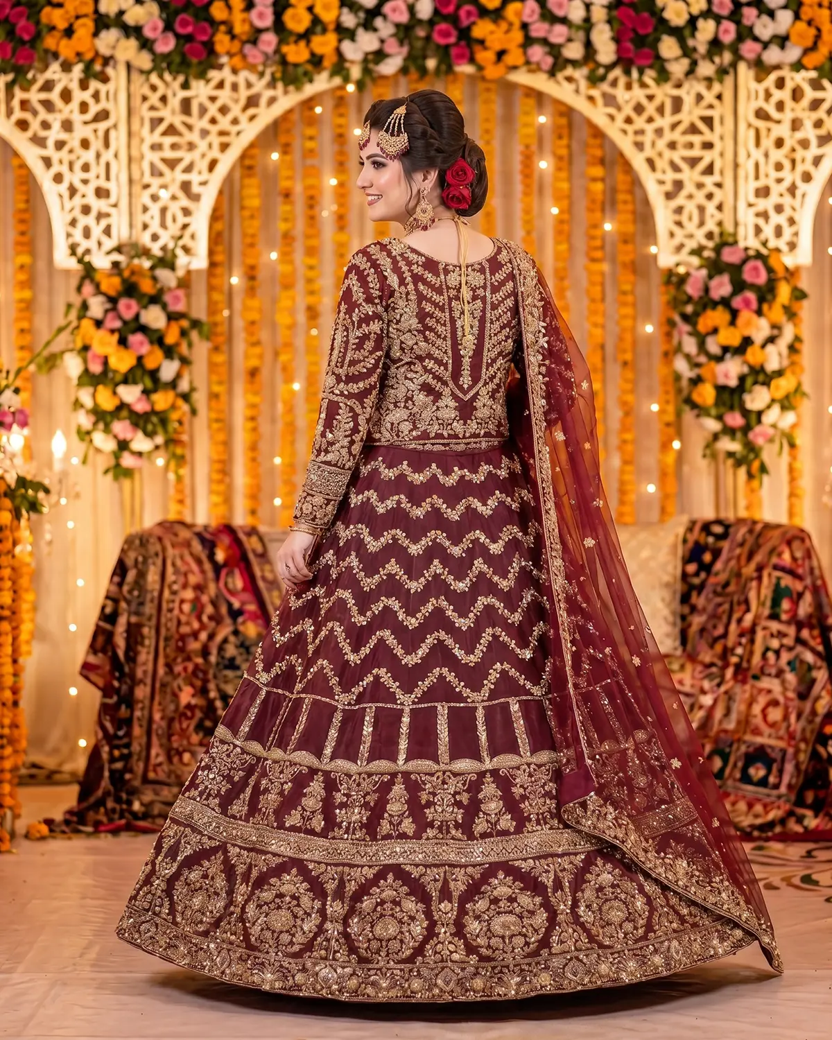 Rust Maroon Golden Premium Bridal Lehenga - Image 3