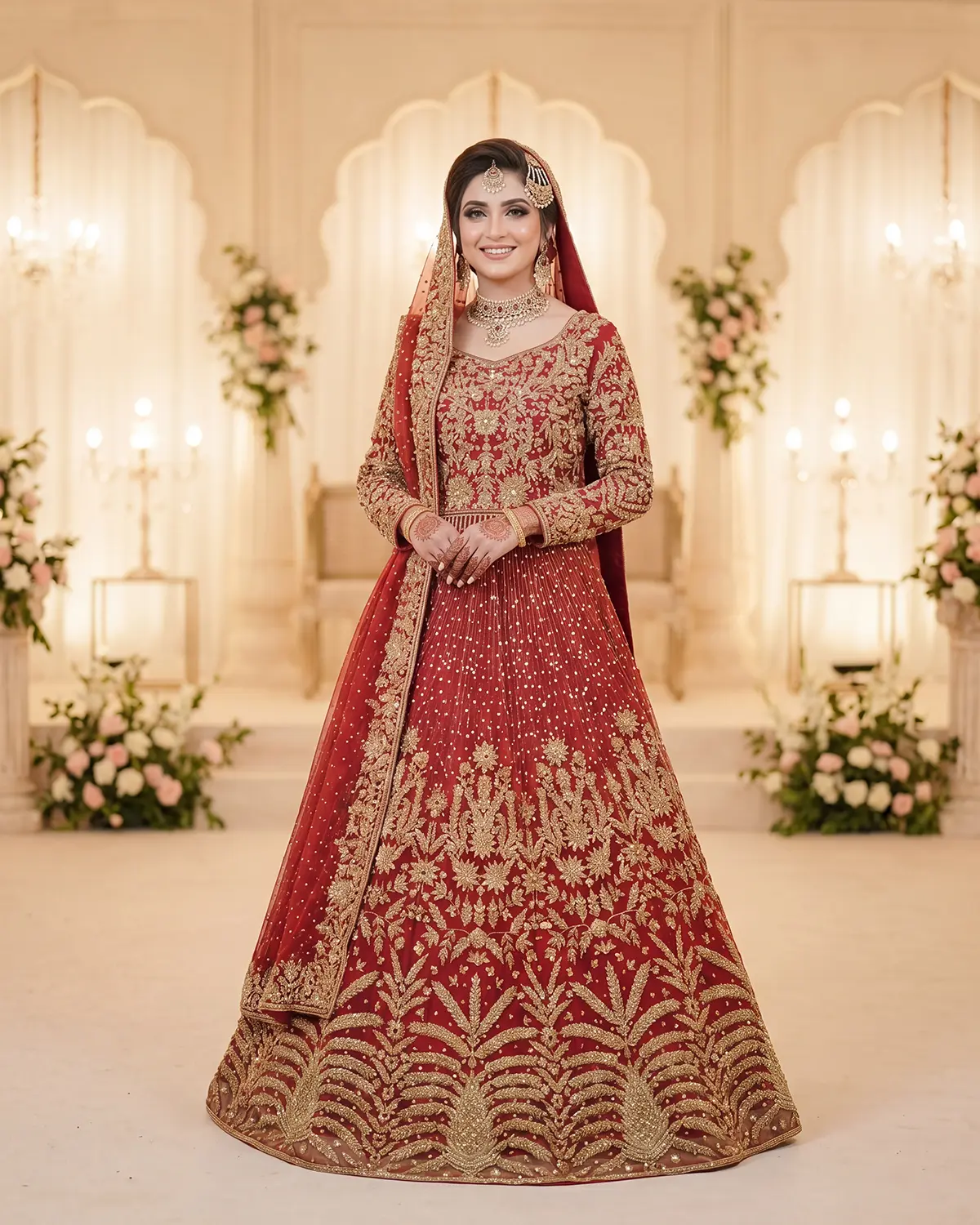 Crimson Red Zari Work Bridal Lehegna - Image 2