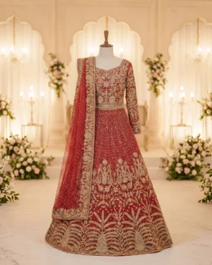 Crimson Red Zari Work Bridal Lehegna