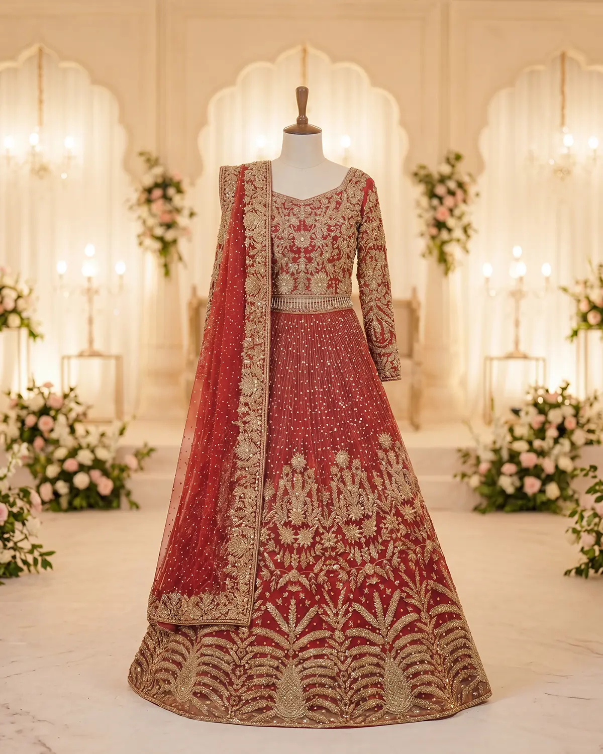 Crimson Red Zari Work Bridal Lehegna