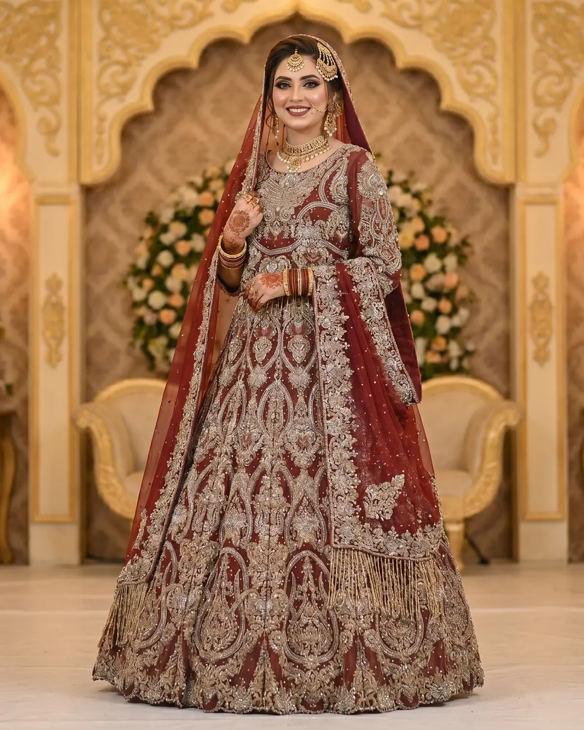 Crimson Royal Gold Embroidered Bridal Lehenga - Image 2