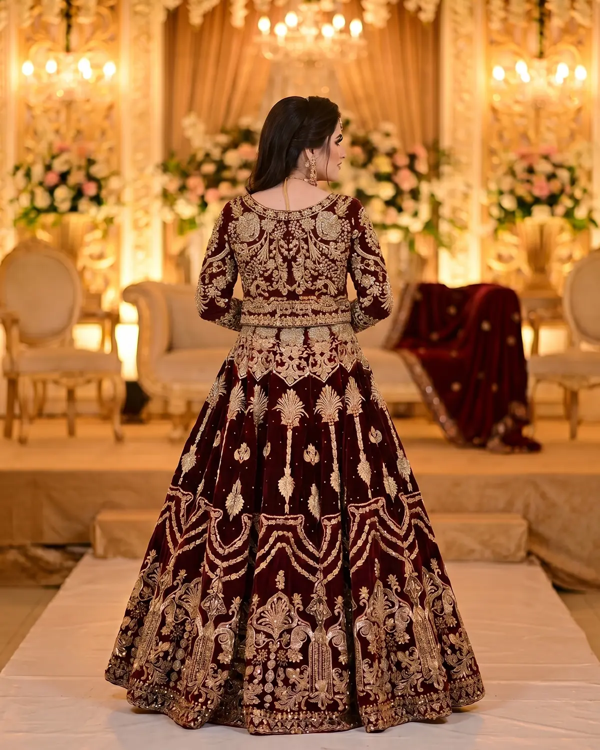 Deep Maroon Velvet Flare Golden Bridal Lehenga - Image 3
