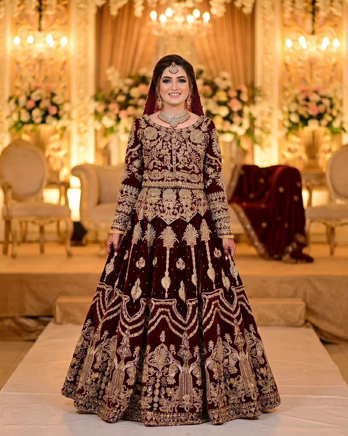 Deep Maroon Velvet Flare Golden Bridal Lehenga - Image 2