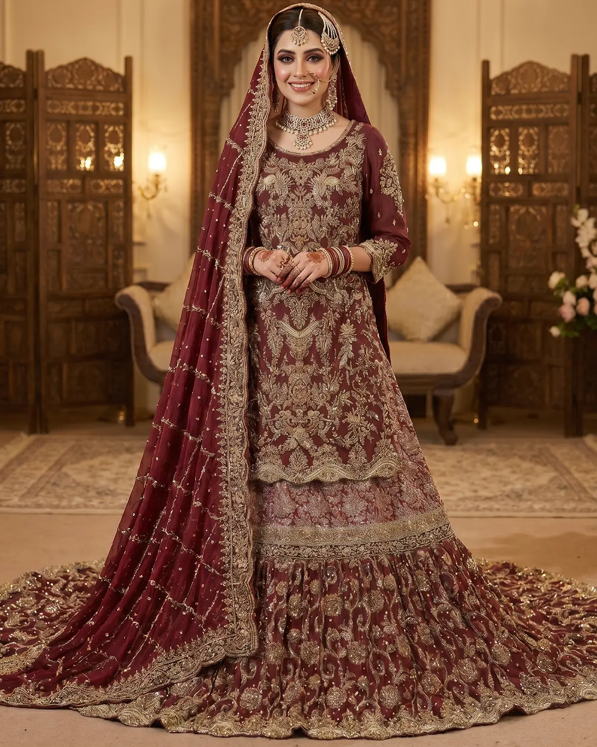 Elite Maroon Golden Anarkali Bridal Farshi Lehenga Shirt - Image 2