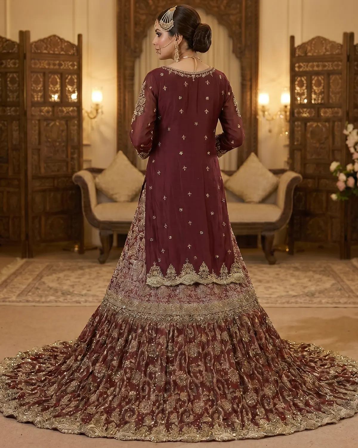 Elite Maroon Golden Anarkali Bridal Farshi Lehenga Shirt - Image 3